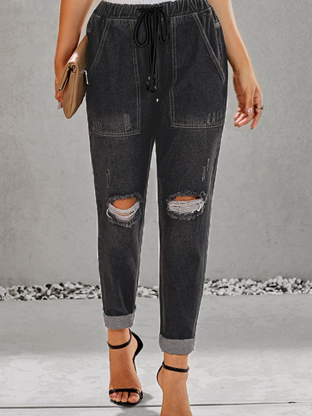 Black Gather Round Distressed Pocketed Denim Jogger
