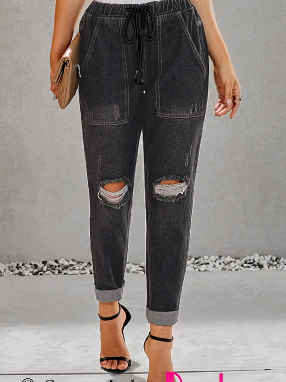 Black Gather Round Distressed Pocketed Denim Jogger