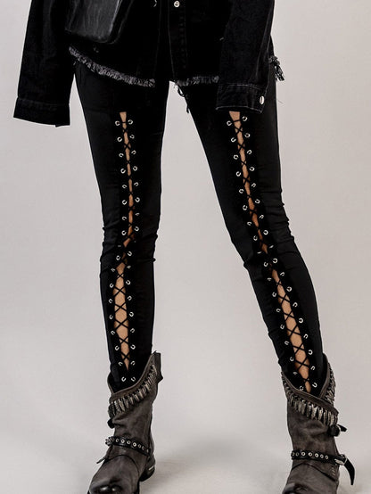 Black Grommet Lace Up Front Leggings
