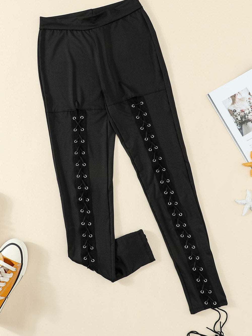 Black Grommet Lace Up Front Leggings