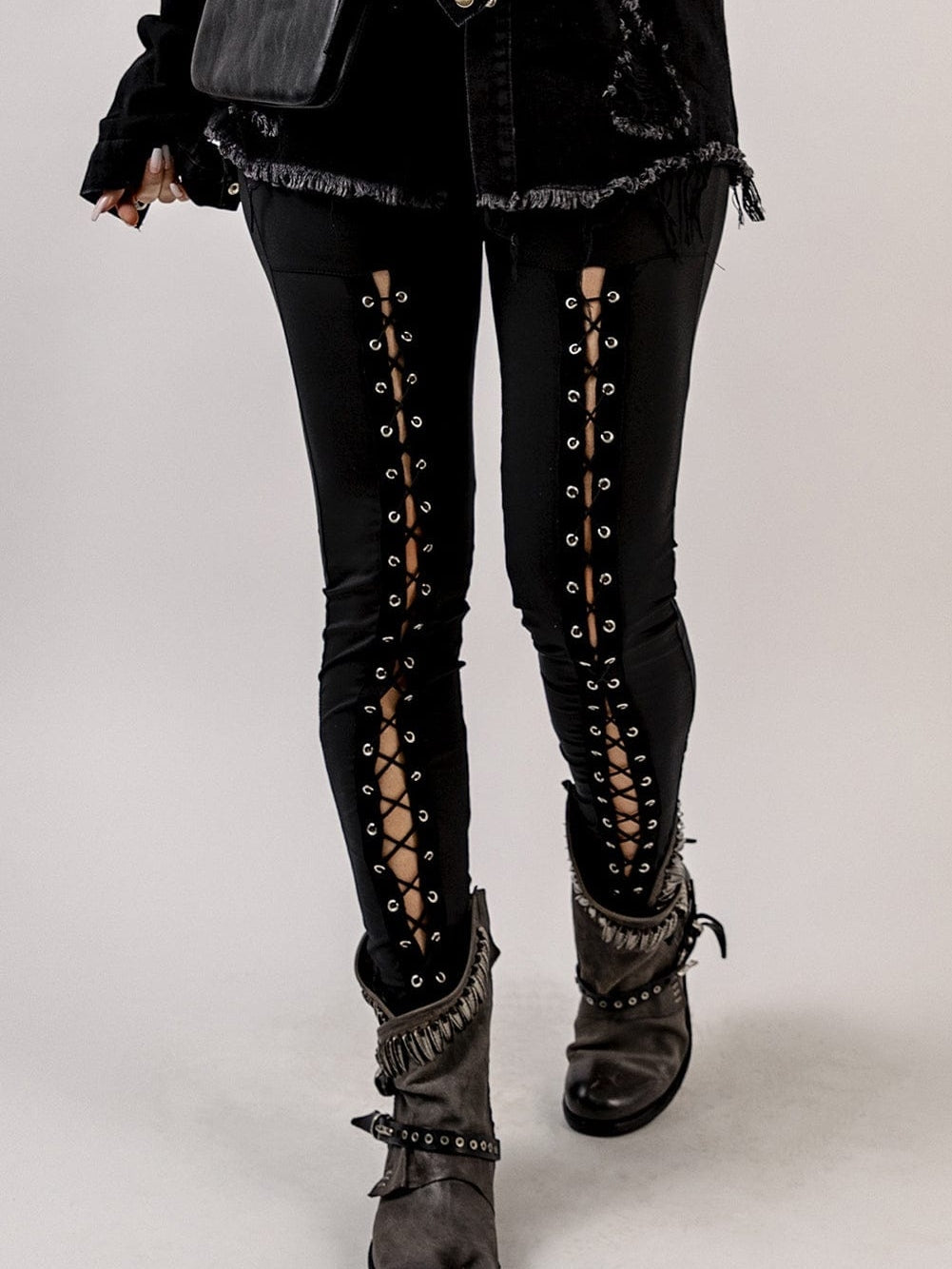 Black Grommet Lace Up Front Leggings