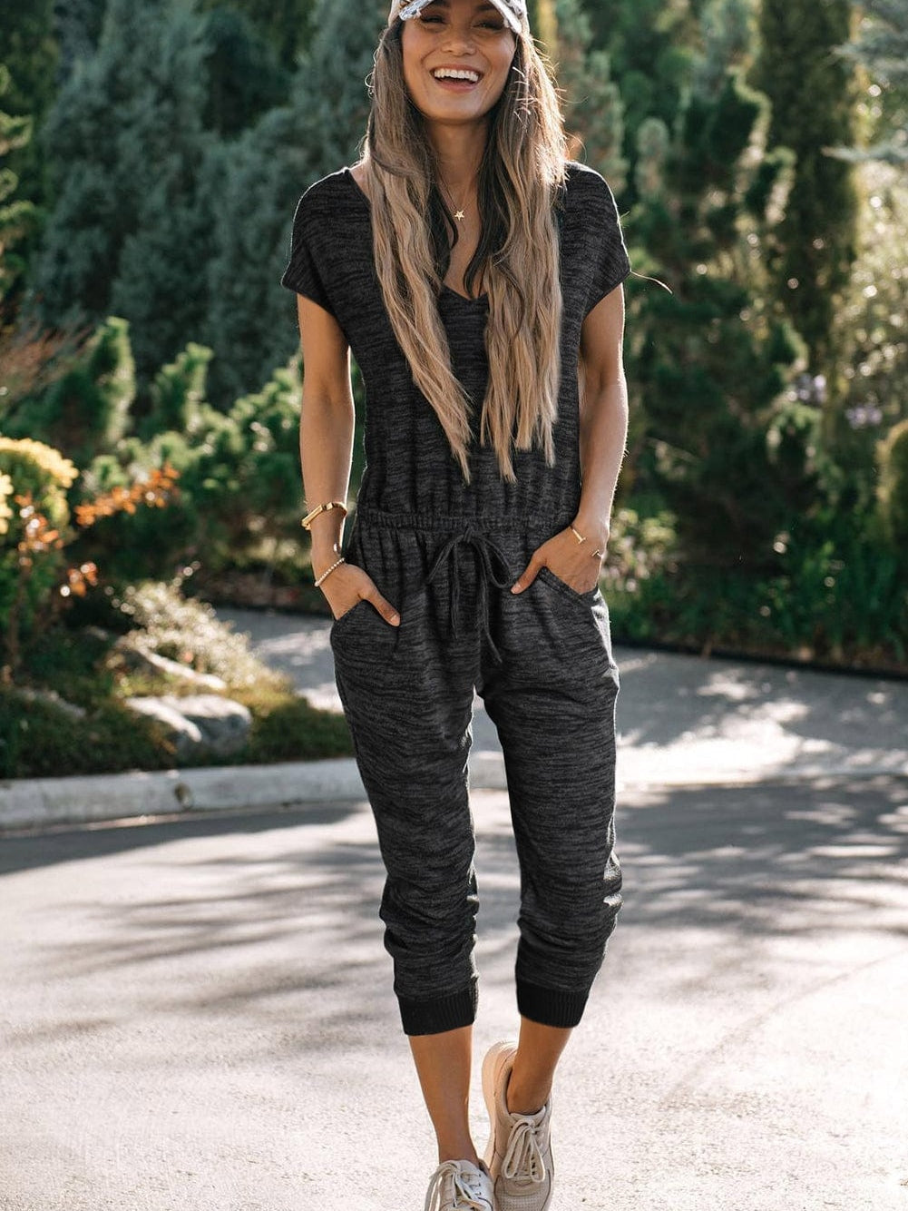 Black Heather Short Sleeve Drawstring High Waist Jumpsuit