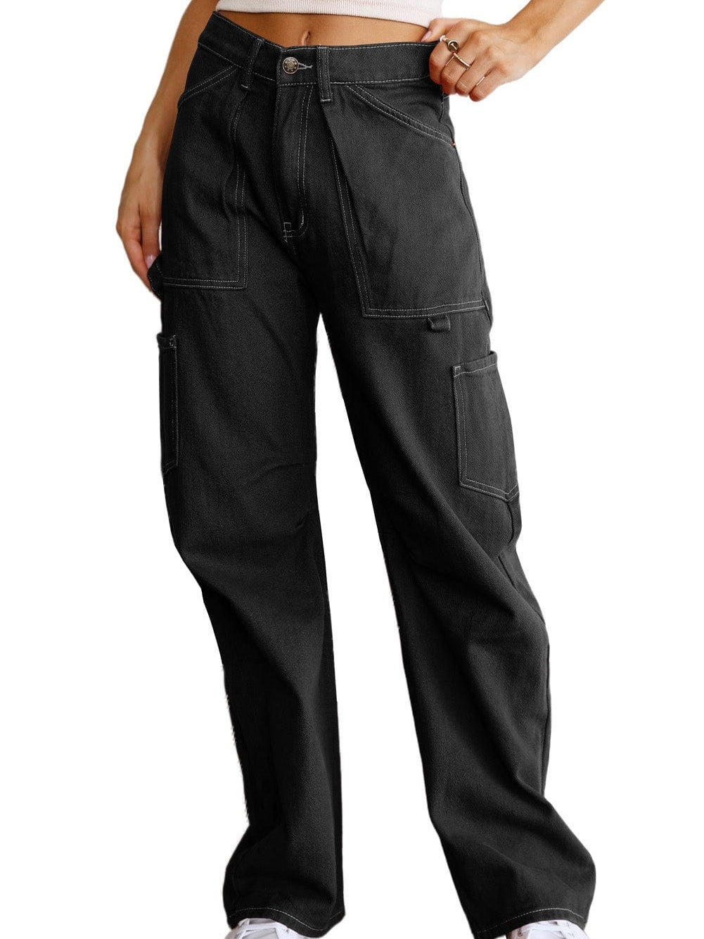 Black High Waist Straight Leg Cargo Pants with Pockets