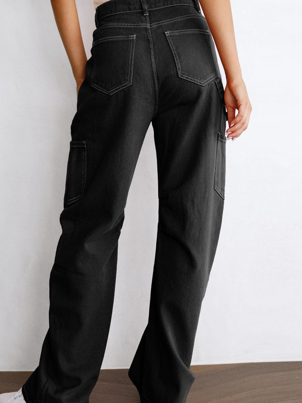 Black High Waist Straight Leg Cargo Pants with Pockets