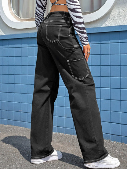 Black High Waist Straight Leg Cargo Pants with Pockets
