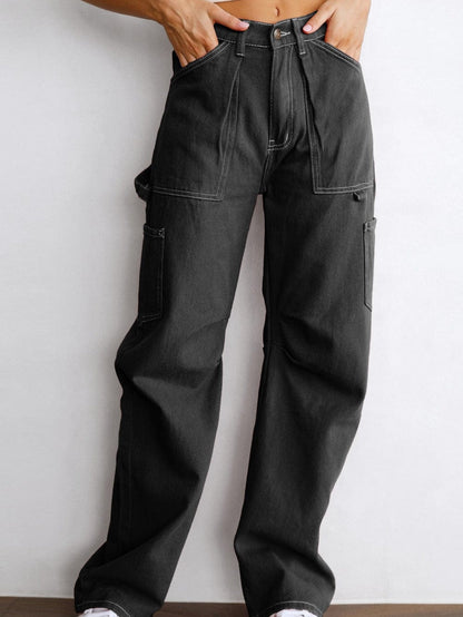 Black High Waist Straight Leg Cargo Pants with Pockets