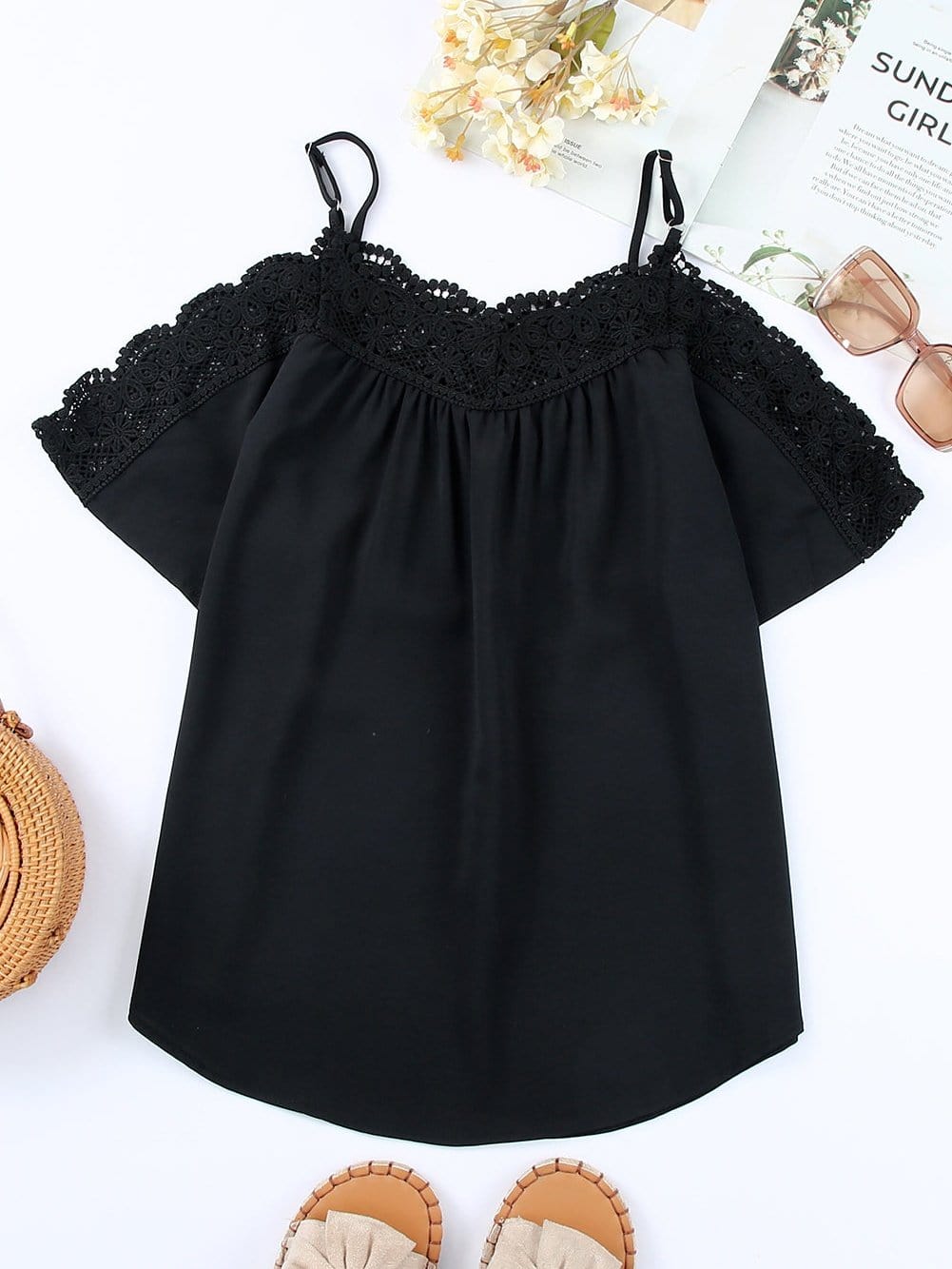 Black Lace Off-Shoulder Top with Crochet Detail