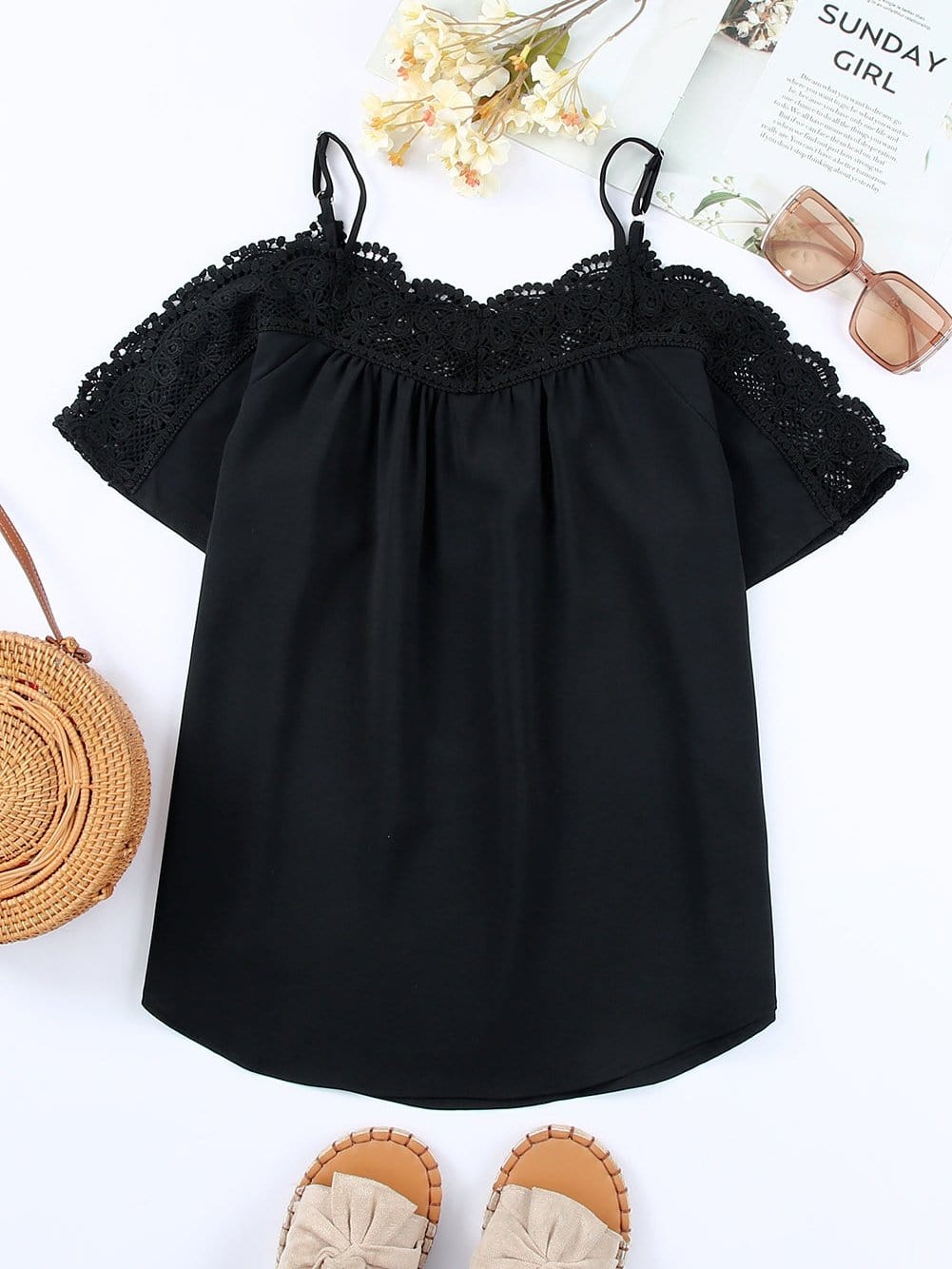 Black Lace Off-Shoulder Top with Crochet Detail
