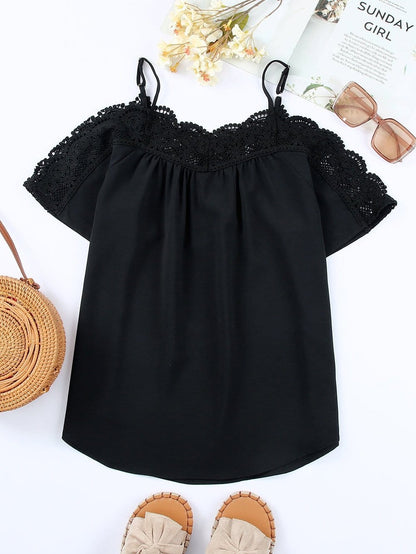 Black Lace Off-Shoulder Top with Crochet Detail