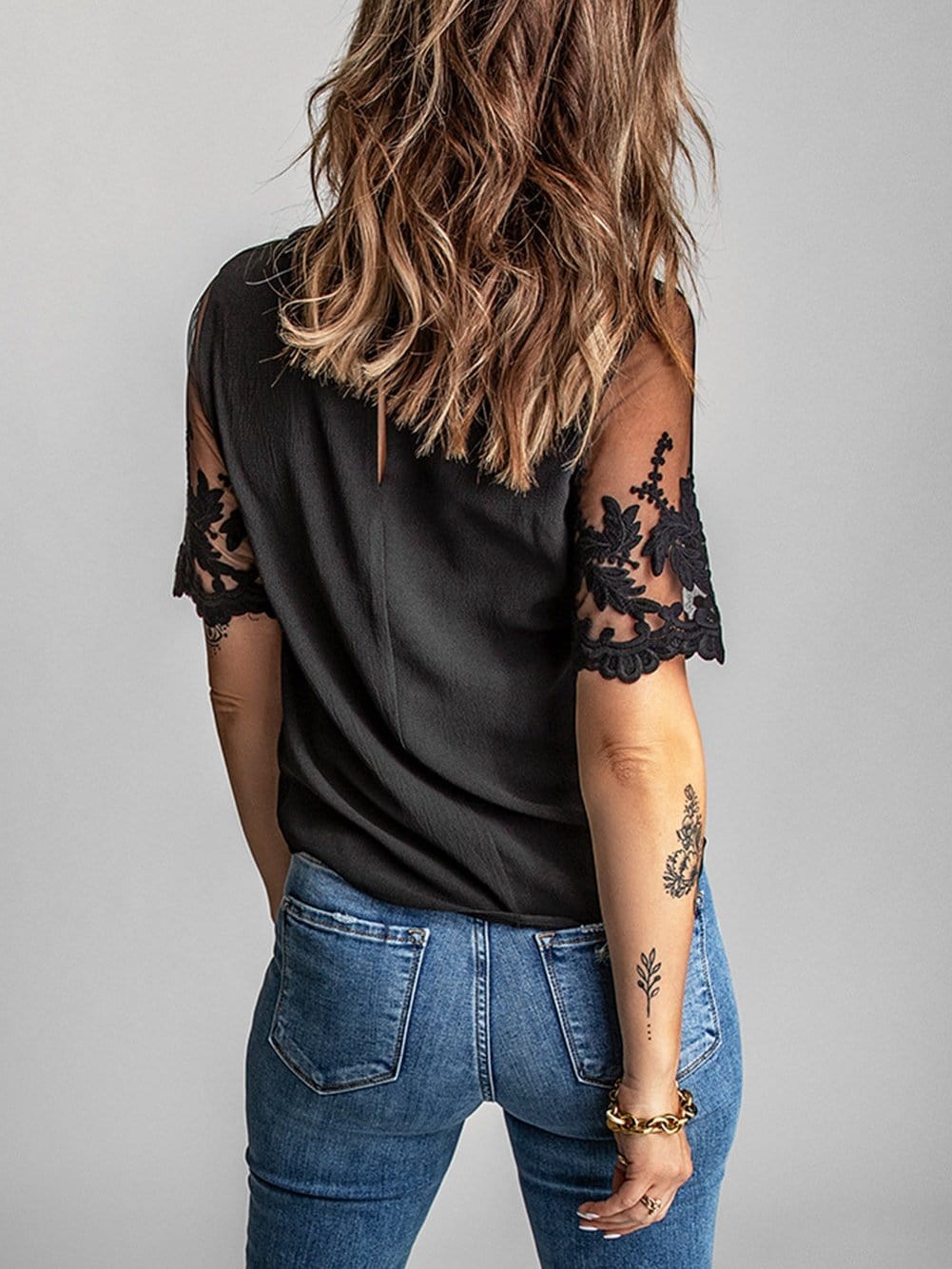 Black Lace Sleeve Floral Patchwork Sheer Mesh Top