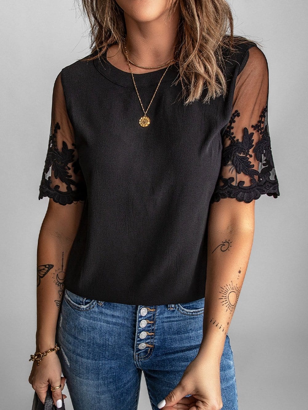 Black Lace Sleeve Floral Patchwork Sheer Mesh Top