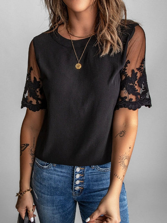 Black Lace Sleeve Floral Patchwork Sheer Mesh Top