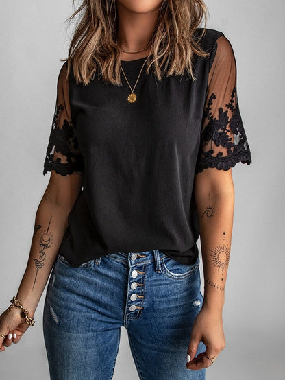 Black Lace Sleeve Floral Patchwork Sheer Mesh Top