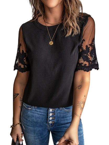 Black Lace Sleeve Floral Patchwork Sheer Mesh Top