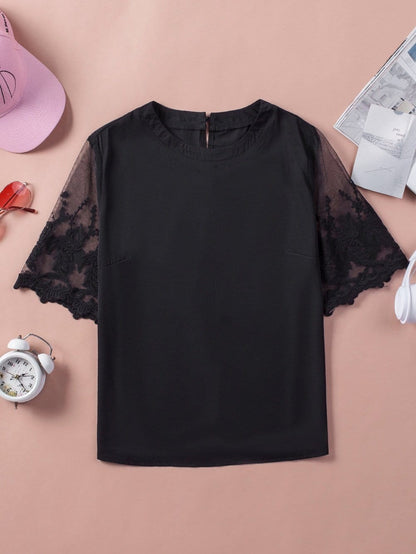Black Lace Sleeve Floral Patchwork Sheer Mesh Top