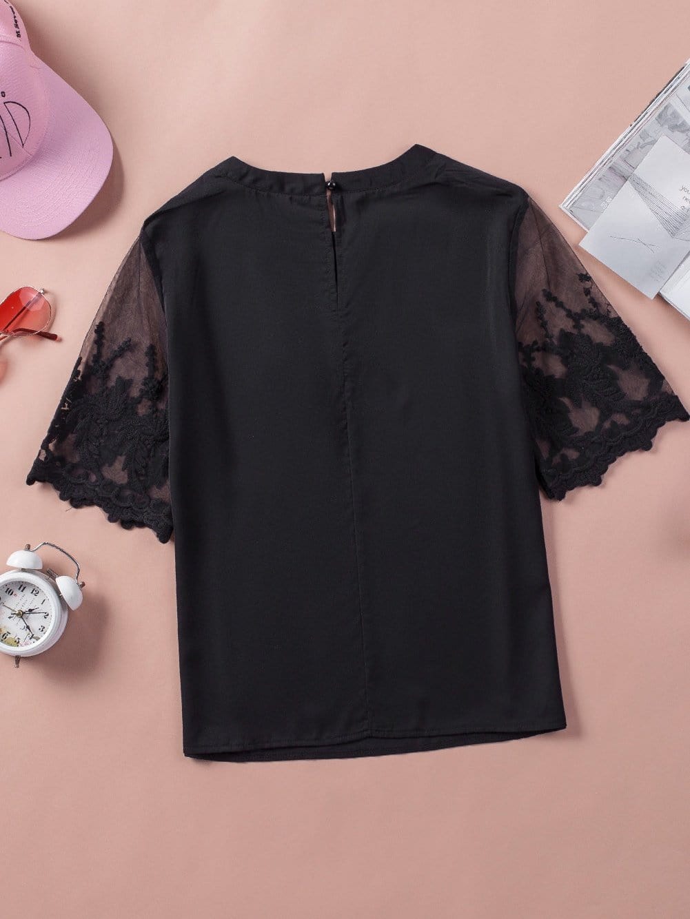 Black Lace Sleeve Floral Patchwork Sheer Mesh Top