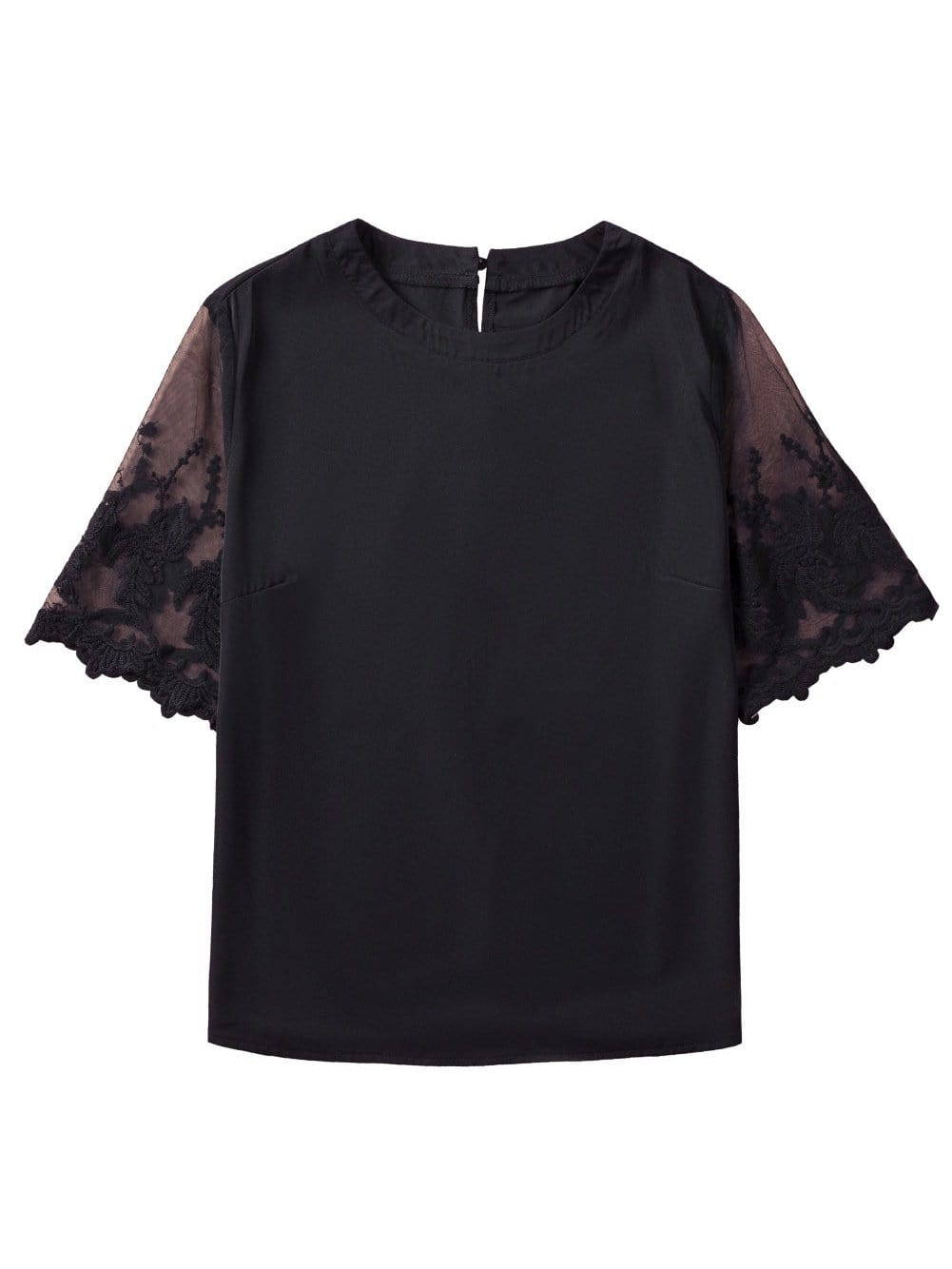 Black Lace Sleeve Floral Patchwork Sheer Mesh Top