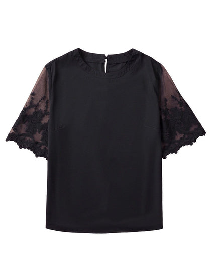 Black Lace Sleeve Floral Patchwork Sheer Mesh Top