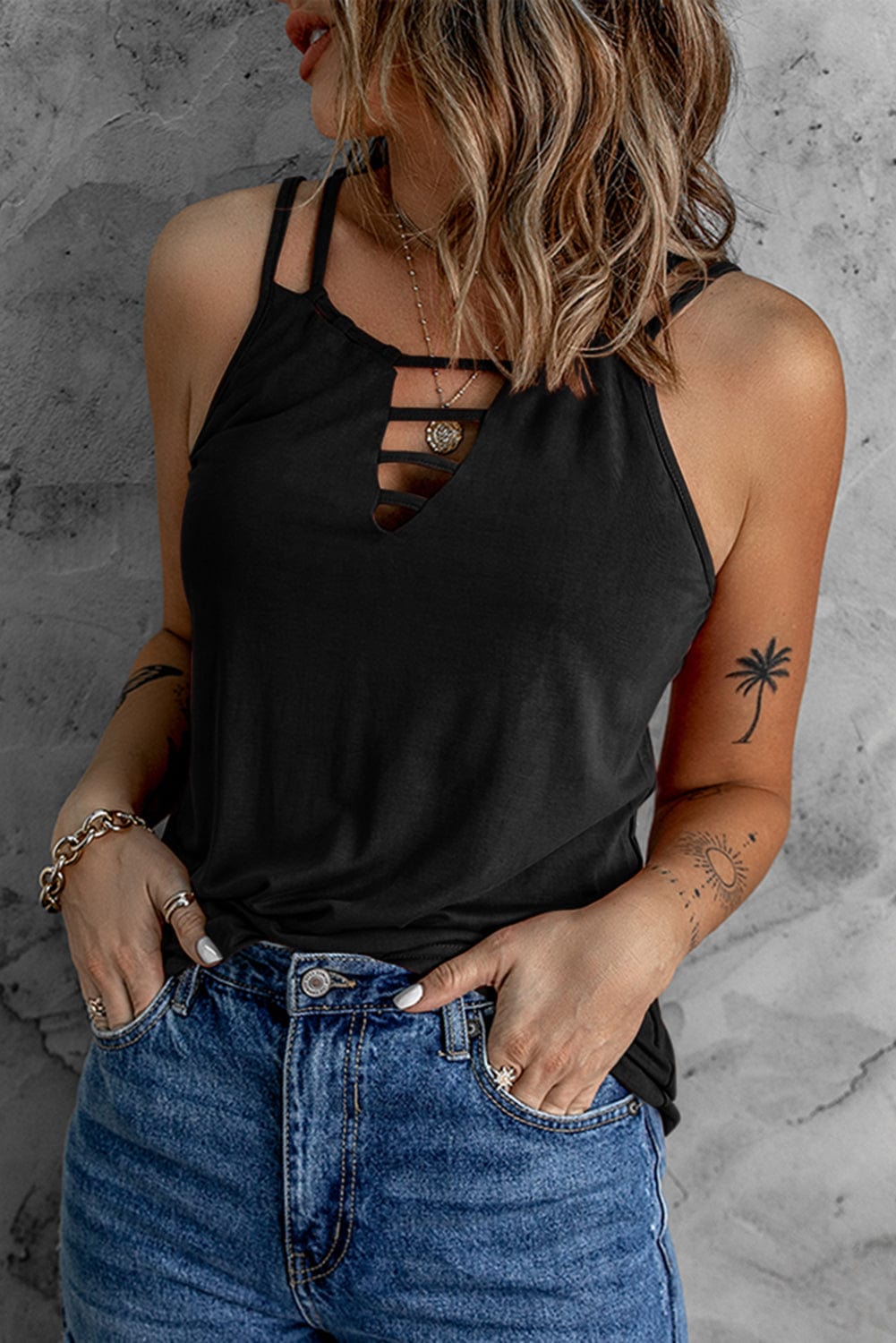 Black Lace-Up Hollow-out Tank Top