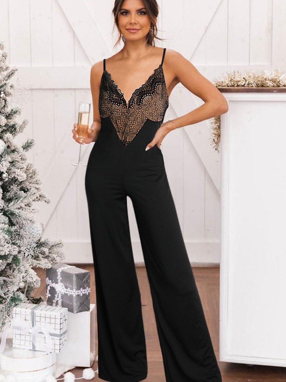 Black Lace V Neck Bodice Spaghetti Straps Wide Leg Jumpsuit