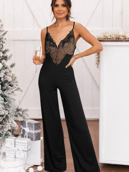 Black Lace V Neck Bodice Spaghetti Straps Wide Leg Jumpsuit