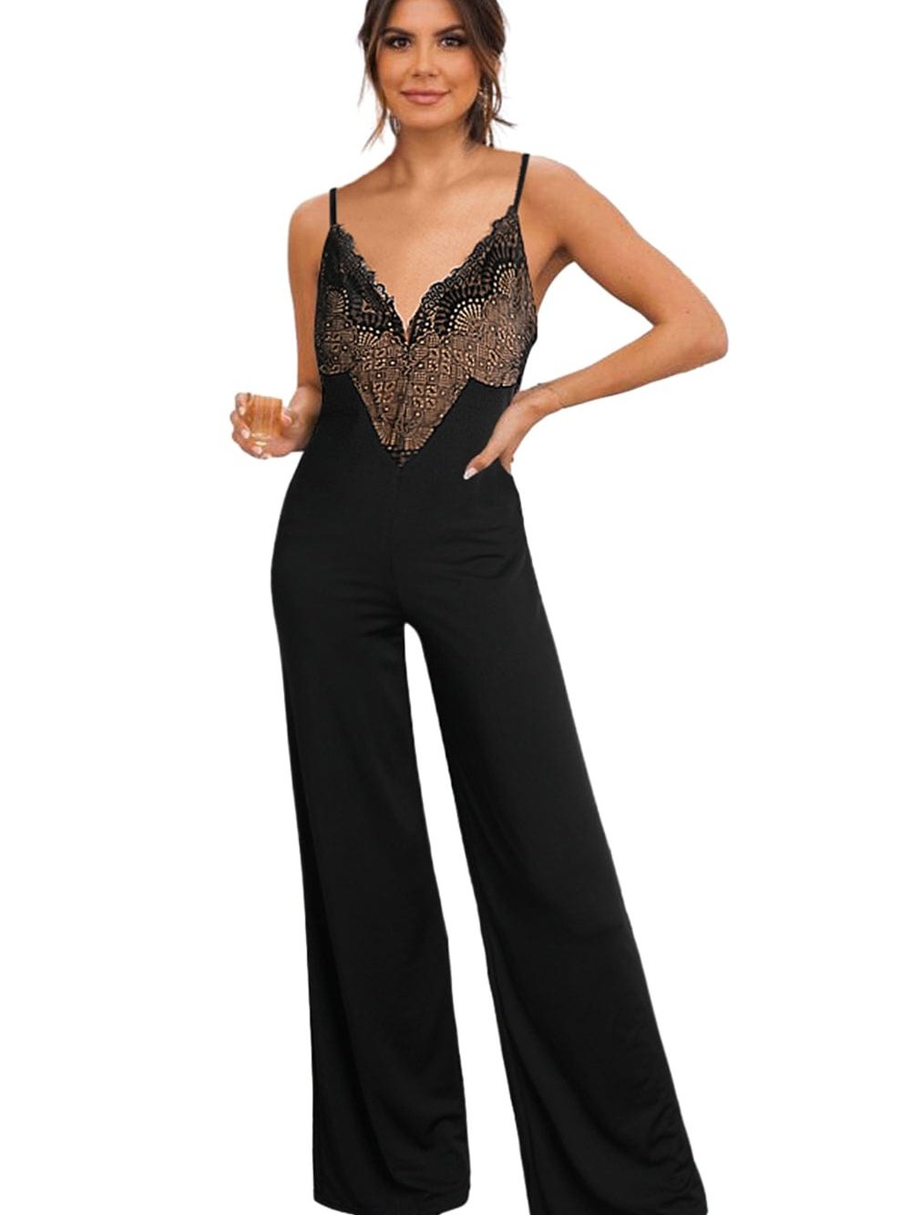 Black Lace V Neck Bodice Spaghetti Straps Wide Leg Jumpsuit
