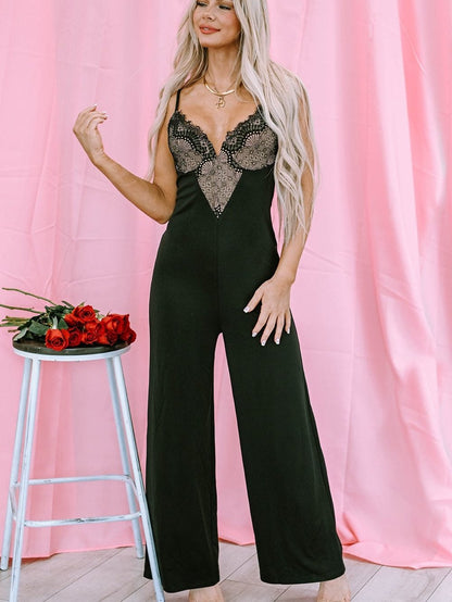 Black Lace V Neck Bodice Spaghetti Straps Wide Leg Jumpsuit