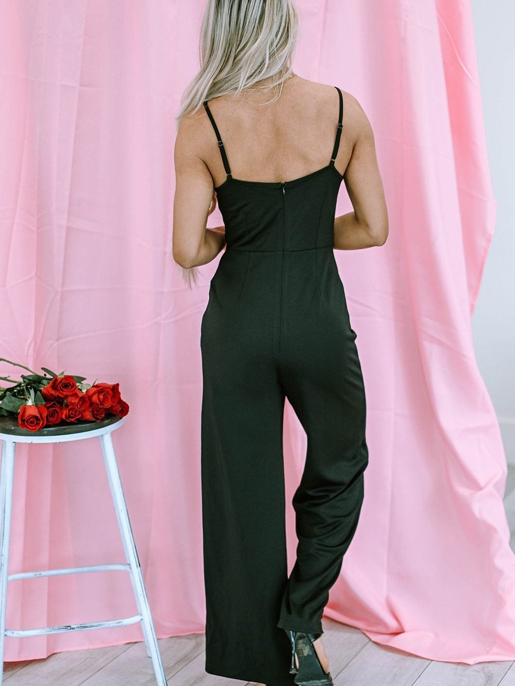 Black Lace V Neck Bodice Spaghetti Straps Wide Leg Jumpsuit