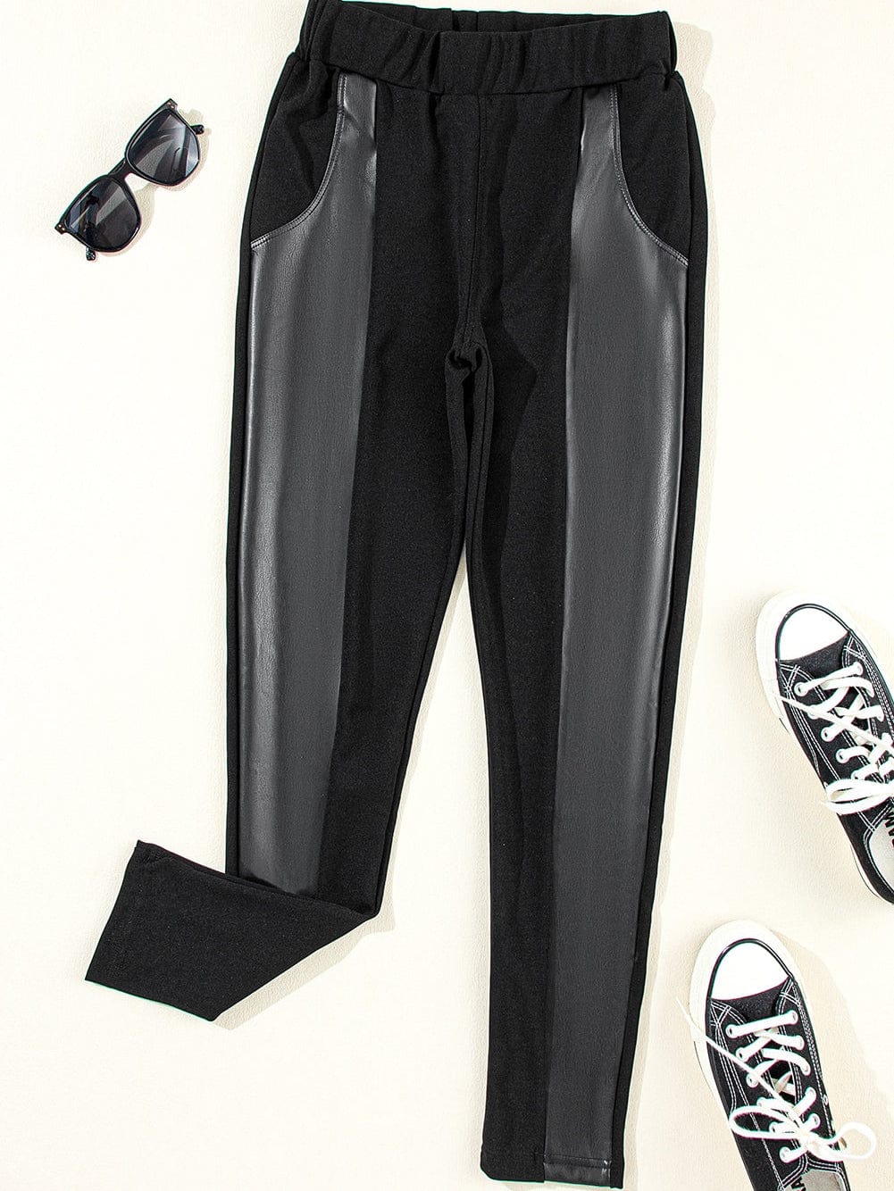 Black Leather Patchwork High Waist Leggings for a Stylish Look
