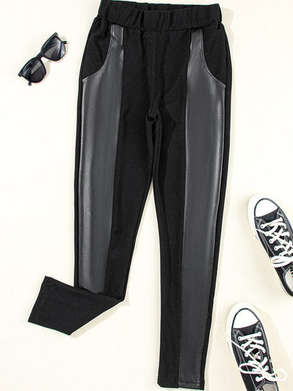 Black Leather Patchwork High Waist Leggings for a Stylish Look