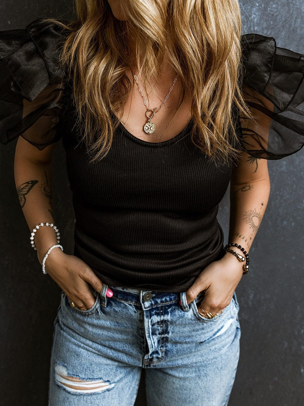 Black Mesh Flutter Sleeve Ribbed Knit Blouse