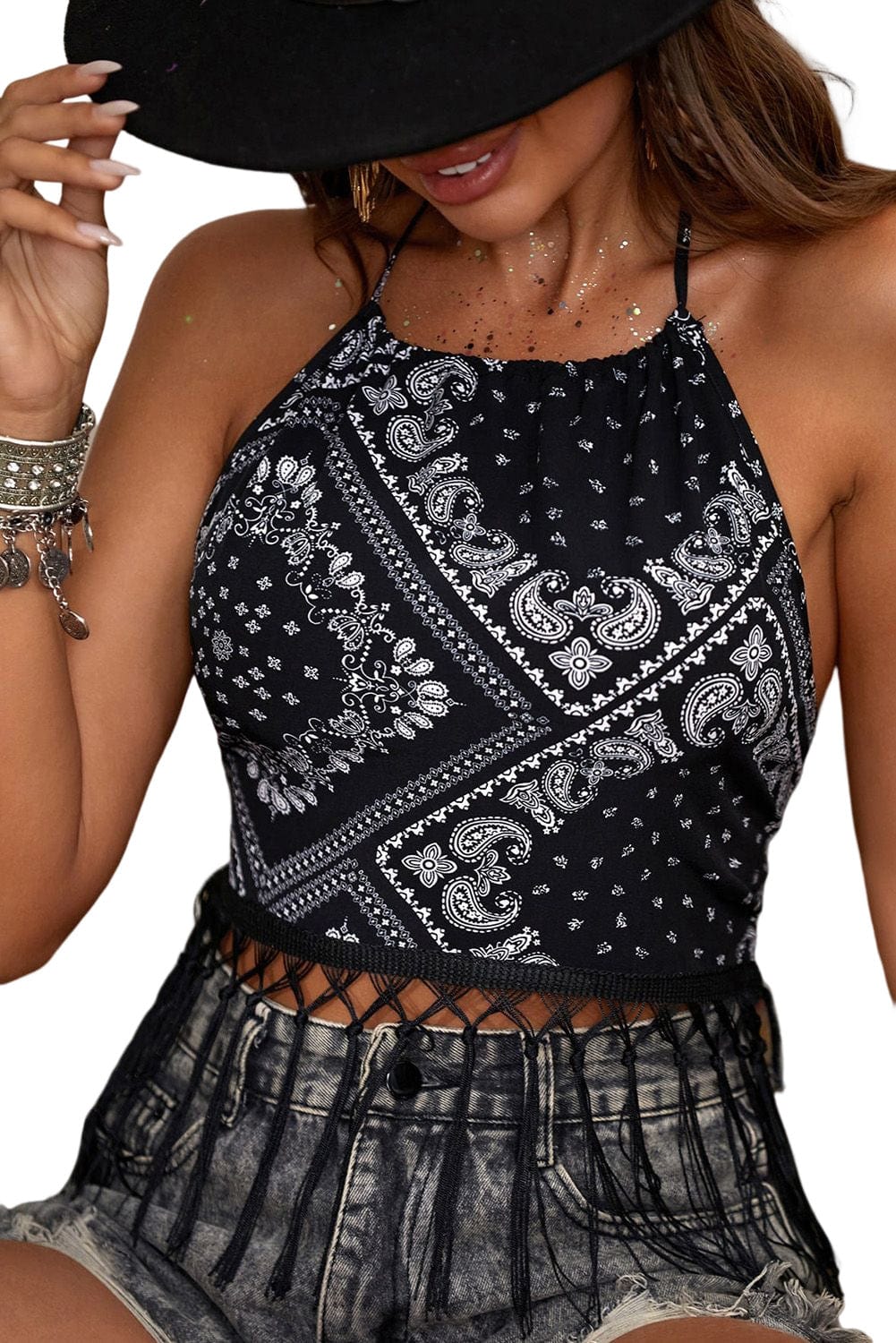 Black Paisley Fringe Trim Halter Tank Top with Bohemian Vibes