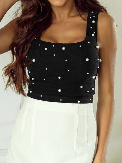 Black Pearl Embellished Square Neck Sleeveless Top