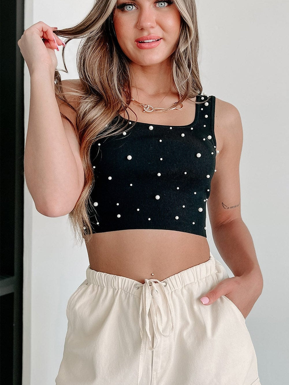 Black Pearl Embellished Square Neck Sleeveless Top