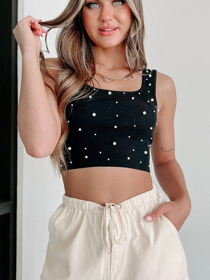 Black Pearl Embellished Square Neck Sleeveless Top