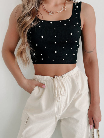 Black Pearl Embellished Square Neck Sleeveless Top