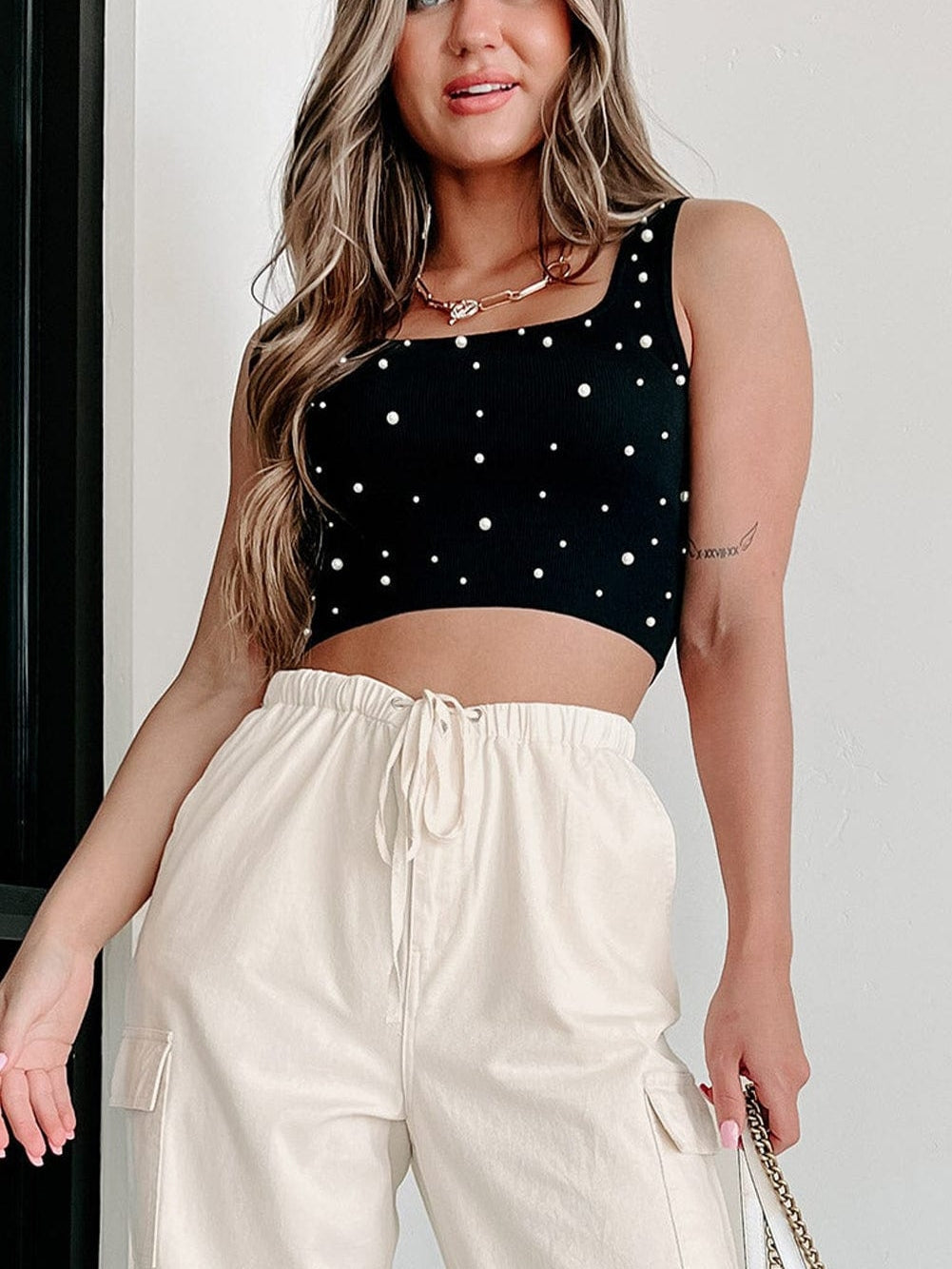 Black Pearl Embellished Square Neck Sleeveless Top