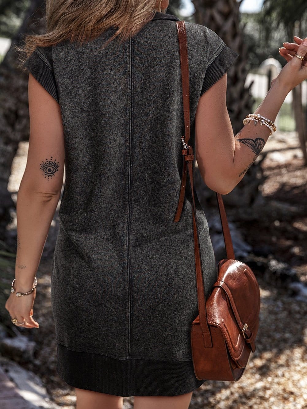 Black Quarter Zip Cap Sleeve Sweatshirt Dress with Pocket Detail