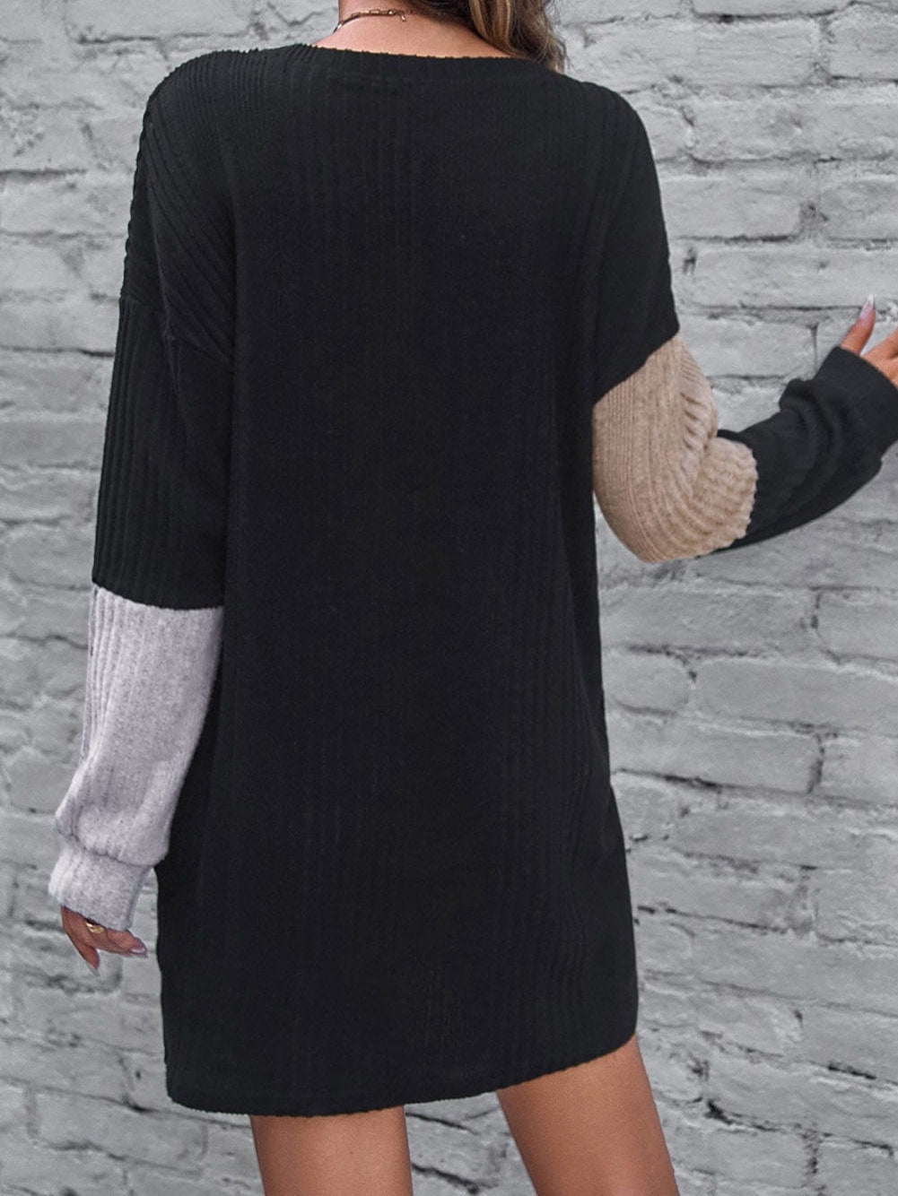 Black Ribbed Color Block Mini Dress with Bishop Sleeves