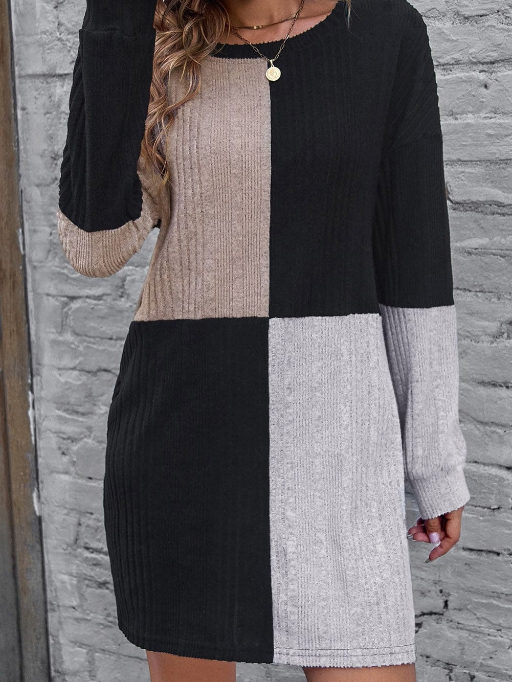 Black Ribbed Color Block Mini Dress with Bishop Sleeves