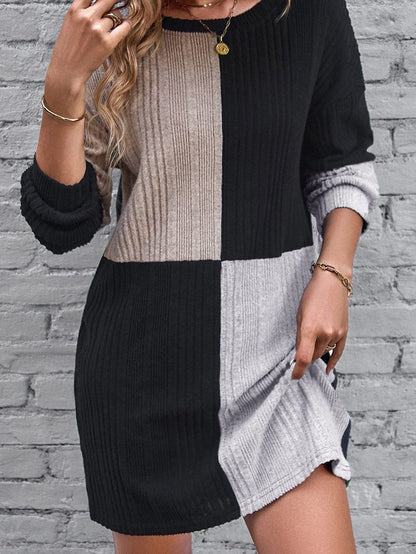 Black Ribbed Color Block Mini Dress with Bishop Sleeves