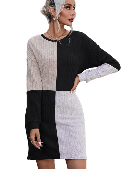 Black Ribbed Color Block Mini Dress with Bishop Sleeves