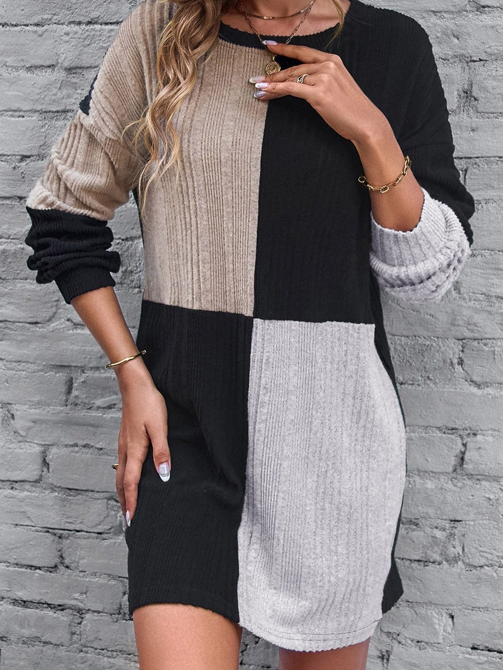 Black Ribbed Color Block Mini Dress with Bishop Sleeves