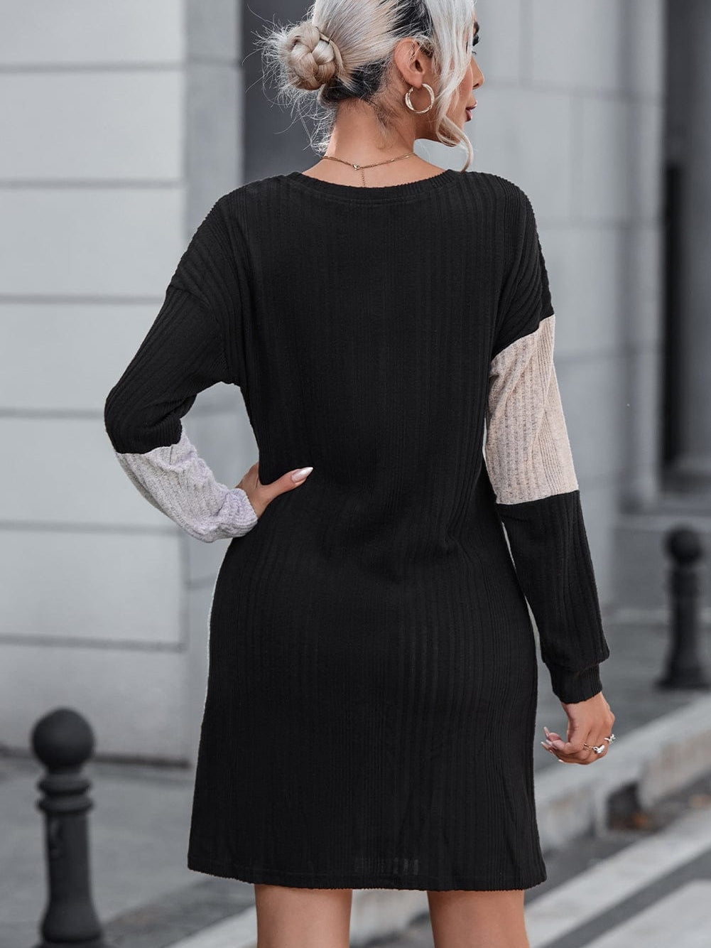 Black Ribbed Color Block Mini Dress with Bishop Sleeves