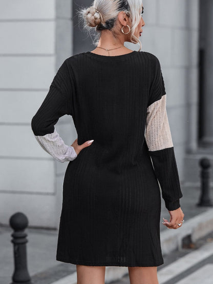 Black Ribbed Color Block Mini Dress with Bishop Sleeves