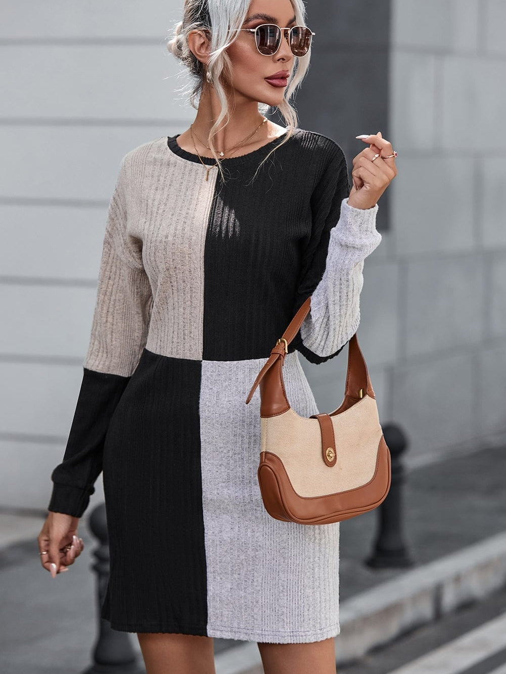 Black Ribbed Color Block Mini Dress with Bishop Sleeves