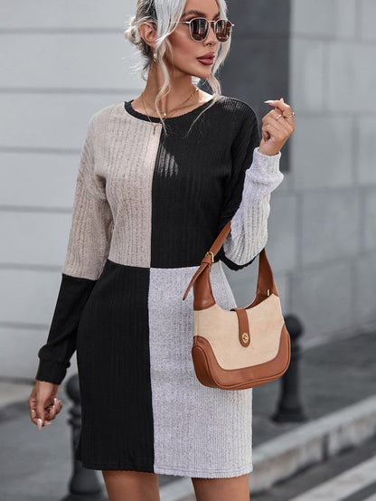 Black Ribbed Color Block Mini Dress with Bishop Sleeves