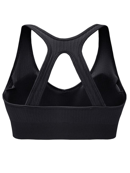 Black Ribbed Hollow-out Racerback Yoga Sports Bra