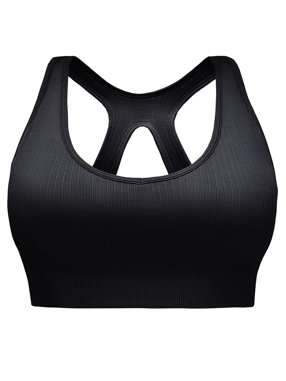 Black Ribbed Hollow-out Racerback Yoga Sports Bra