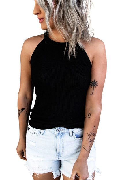 Black Sleeveless Crew Neck Tank Top for Women
